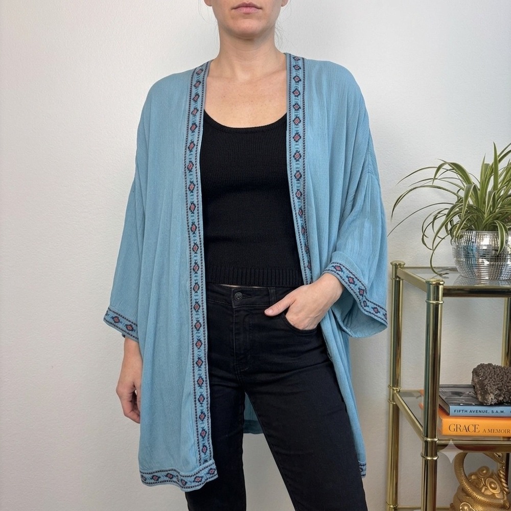 St Johns Bay Blue Embroidered Kimono | One Size, Swimsuit Coverup Beach BOHO
